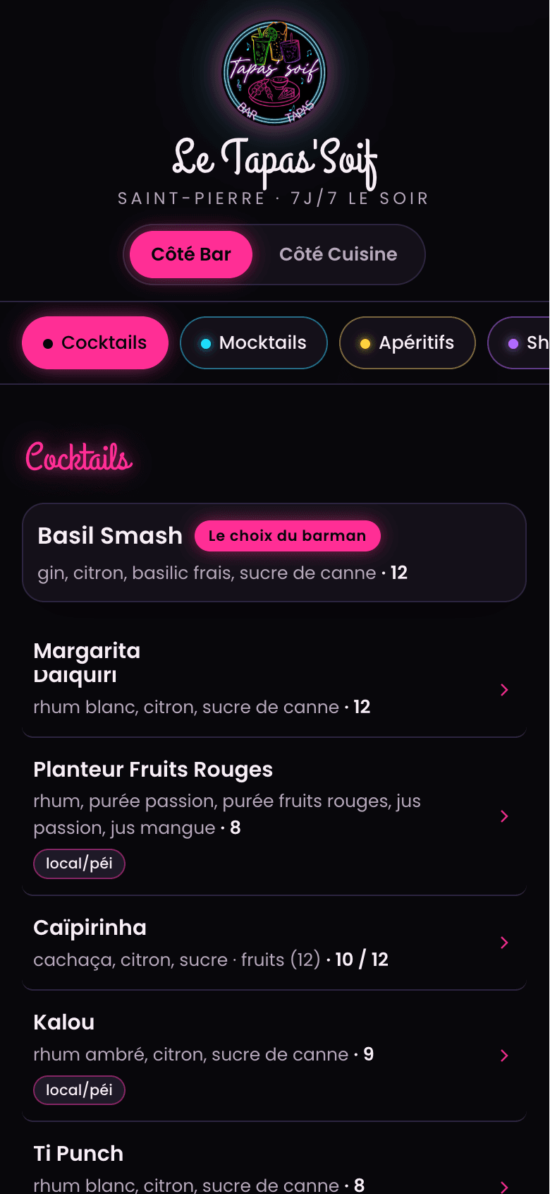 La carte du Tapas'Soif sur téléphone